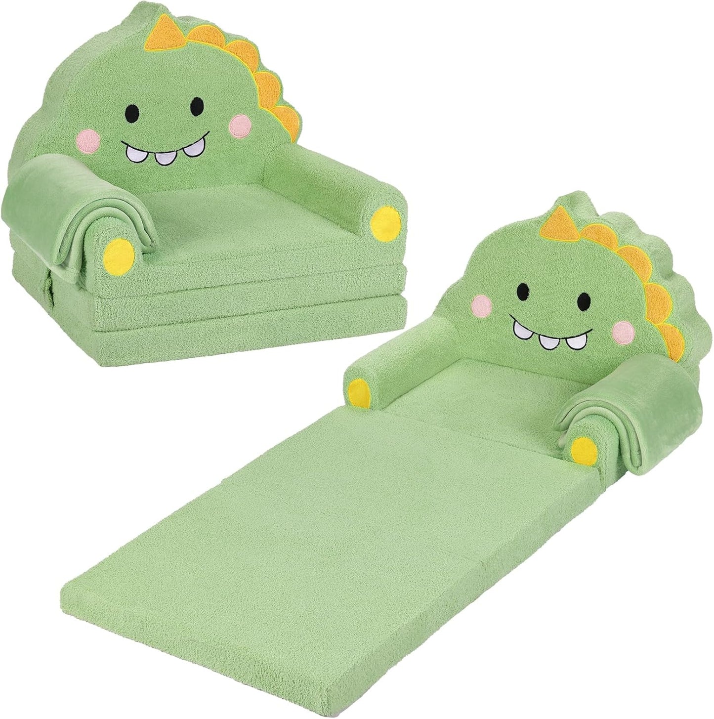 Kids Couch, 2-in-1 Soft Toddler Couch Fold Out with Blanket, Chair Comfy, Foldable Convertible Plush Sofa to Lounger, Gifts for Kids Girl Boys, Dinosaur