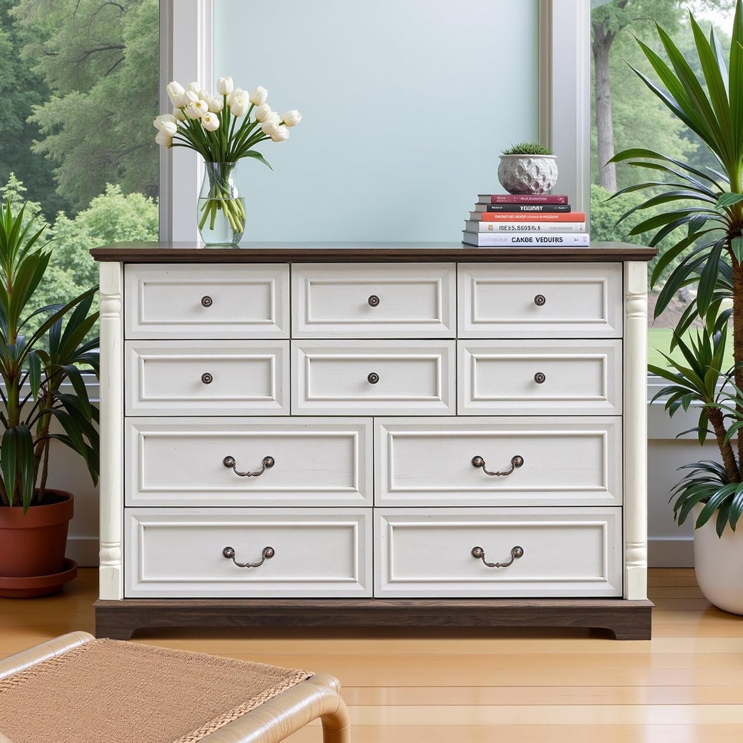 53.54" Farmhouse Sideboard Buffet Cabinet with Storage, Kitchen Buffet Storage Cabinet with 10 Drawers, Modern Wood Accent Sideboard for Living Room, Kitchen, Hallway(Antique White)