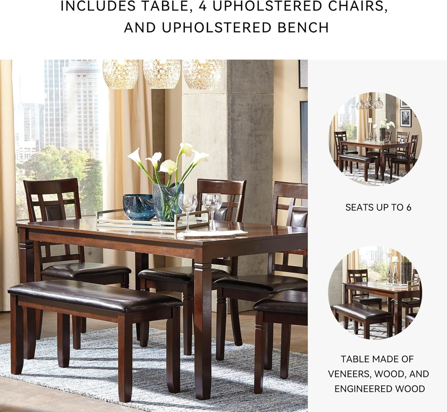 Signature Design by Ashley Bennox Dining Room Set, Includes Table, 4 18" Chairs & Bench, Brown