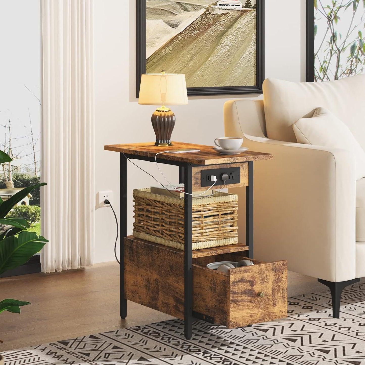 LIDYUK End Table with Charging Station, Narrow Side Table with Drawer and USB Ports & Power Outlets, Nightstand Bedside Tables for Small Spaces, Bedroom, Living Room, Rustic Brown, Set of 2