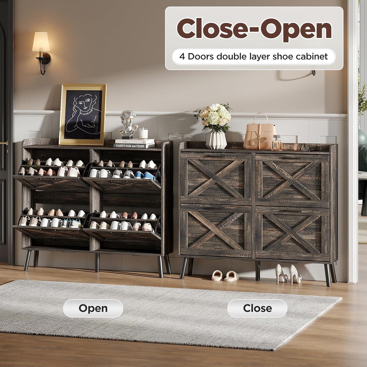 Maupvit Large Shoe Storage Cabinet with 4 Flip Drawers, Narrow Shoe Cabinet for Entryway with Wooden Legs, Freestanding Hidden Shoe Rack Organizer ＆ Metal Hinges, Dark Rustic Oak