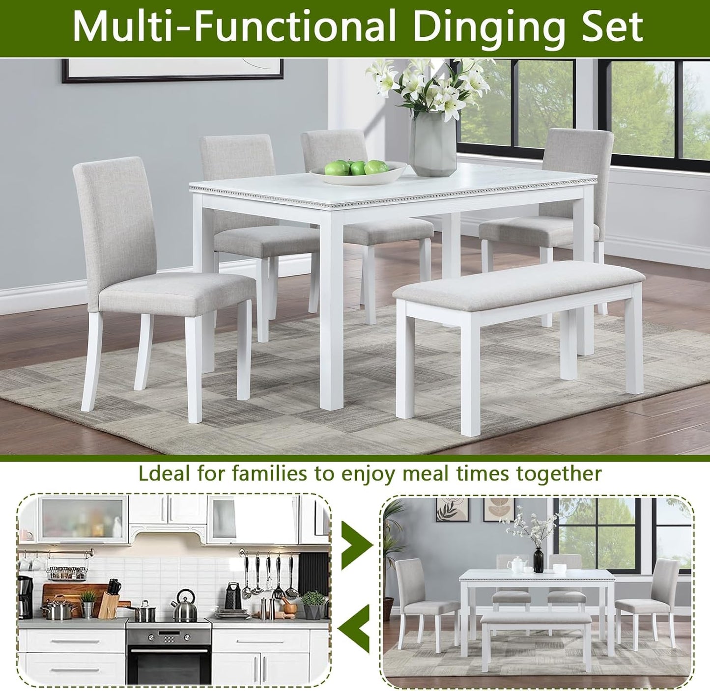 soges 6 Piece Wooden Dining Table Set, Dining Room Table with 4 Upholstered Chairs and Bench, Rectangular 6-Person Kitchen Dining Table Set with Crystal Decoration, White
