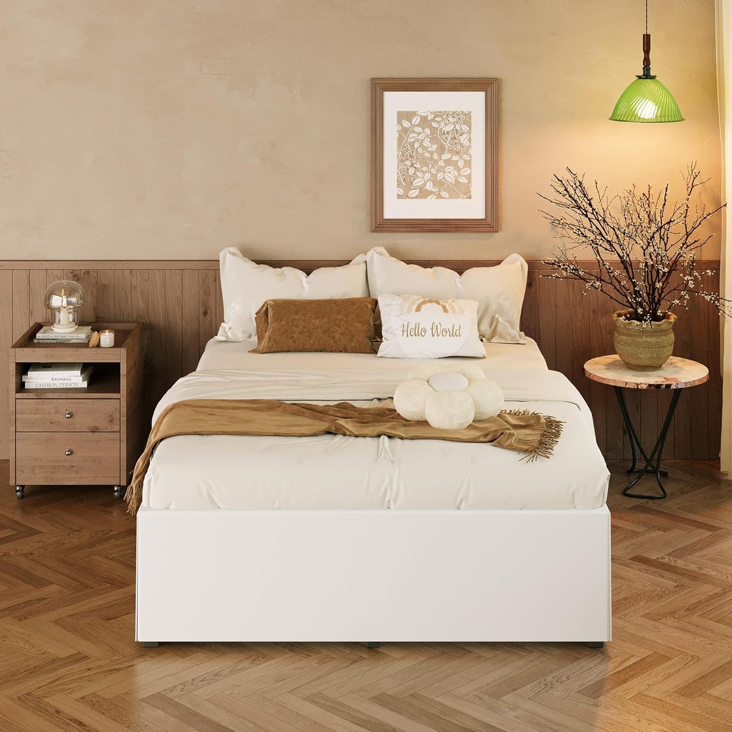 EMODA 18 Inch King Bed Frame with White Fabric Cover, Heavy Duty Metal King Platform Bed Frame No Box Spring Needed, Noise Free, Easy Assembly