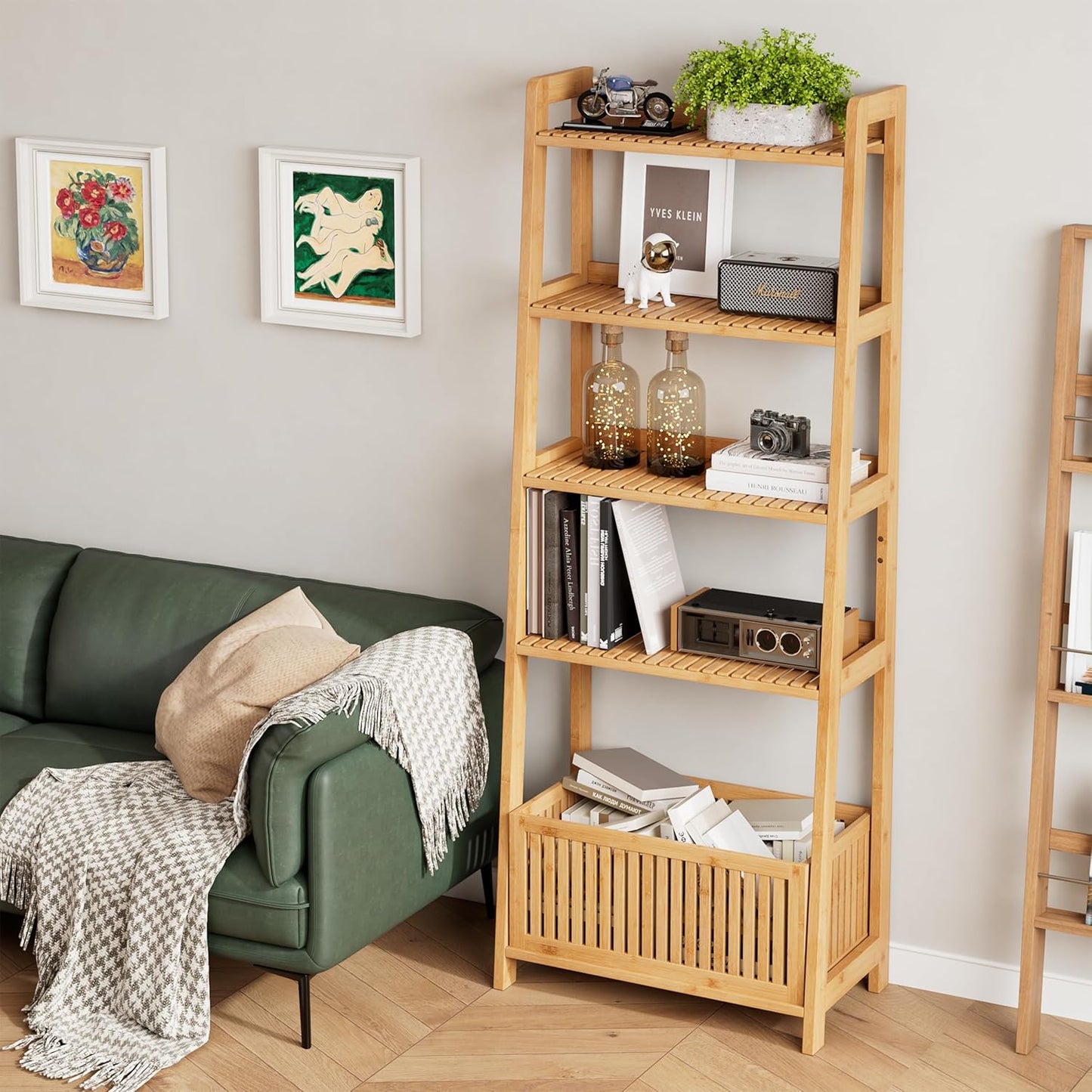 Bamjoy Bamboo Ladder Shelf, Bookshelf with 4 Display Shelves and 1 Open Storage Basket, Multifunctional Storage Rack Organizer for Home Office, Bedroom, Living Room, 66” H Natural