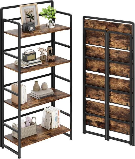 No Assembly Folding Bookshelf, 4 Tiers Collapsible Book Shelf for Home Office, Vintage Wood Foldable Bookcase Storage Organizer for Living Room Bedroom (Rustic Brown)