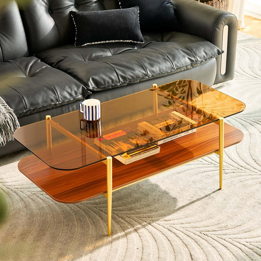 AGV LIGHTING Tadio Large Glass Coffee Table, Mid-Century Modern Coffee Table for Living Room, Gold Finish Leg, Coffee Brown Glass Top & Walnut Brown Shelf, 47 in Rrounded Corners