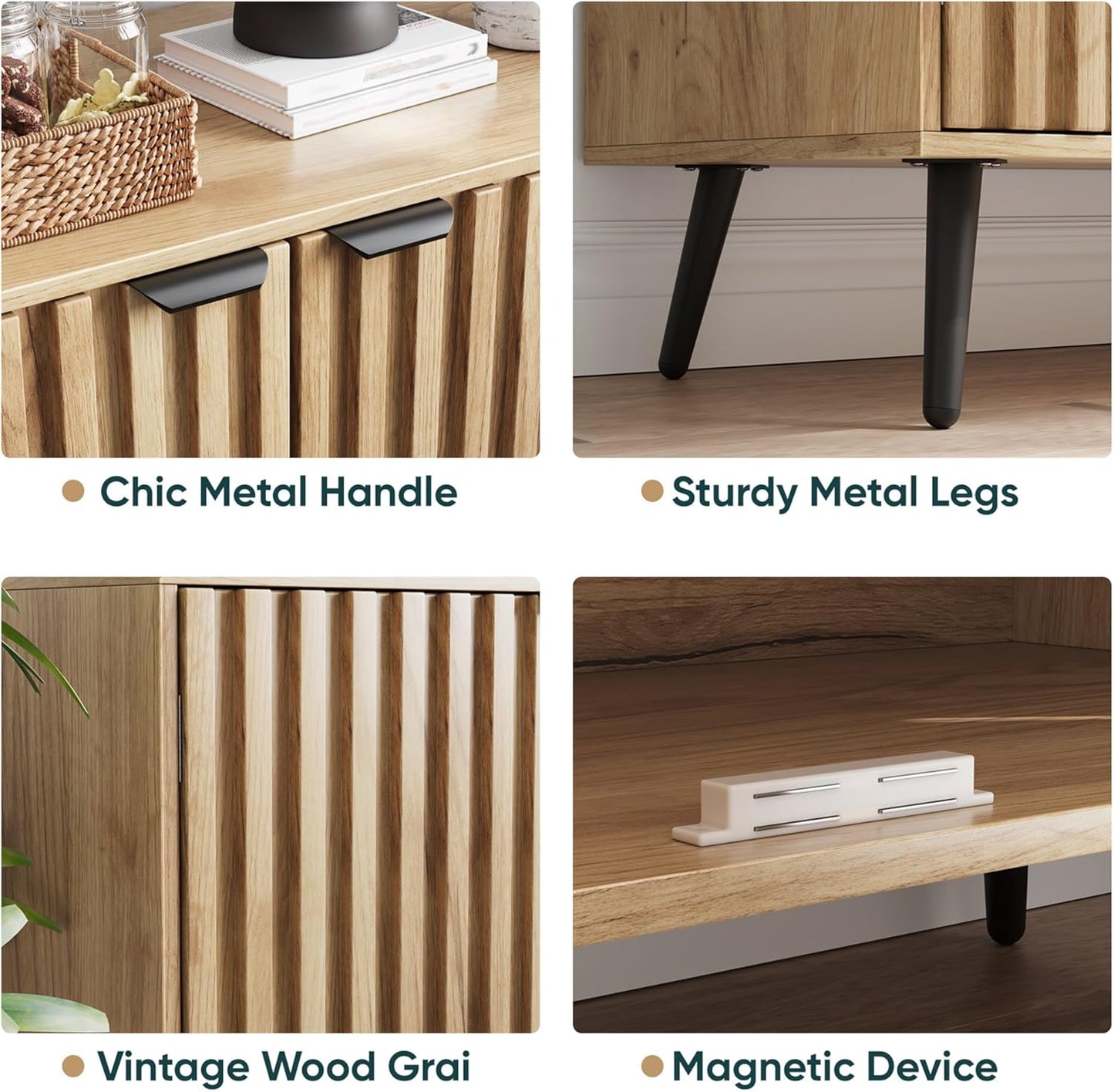 Semiocthome Buffet Cabinet with Storage, Sideboard Cabinet with Fluted Doors and Metal Legs, Storage Cabinet with Adjustable Shelf, Accent Table for Living Room, Kitchen, Entryway - Natural