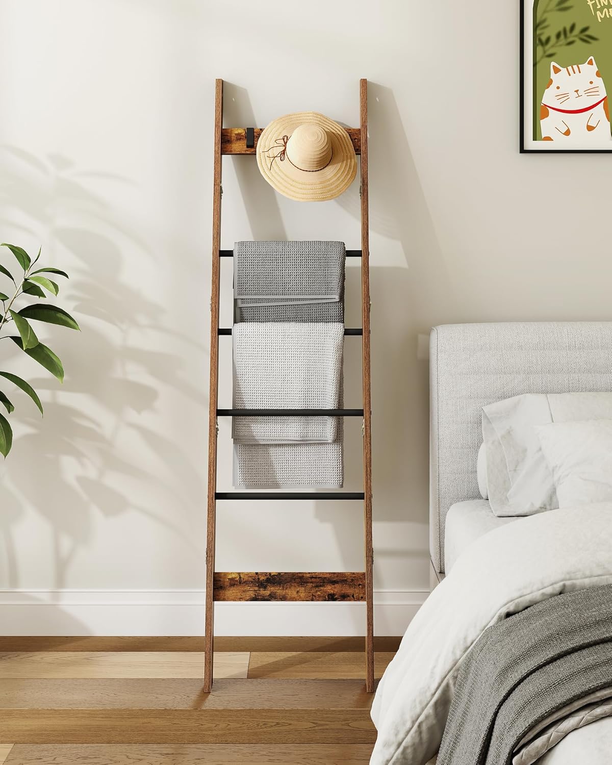 Blanket Ladder for Living Room, Decorative Quilt Rack with 4 Removable Hooks, 5-Tier Farmhouse Ladder Holder Shelf Organizer for Bedroom, Rustic Brown and Black BR31501B
