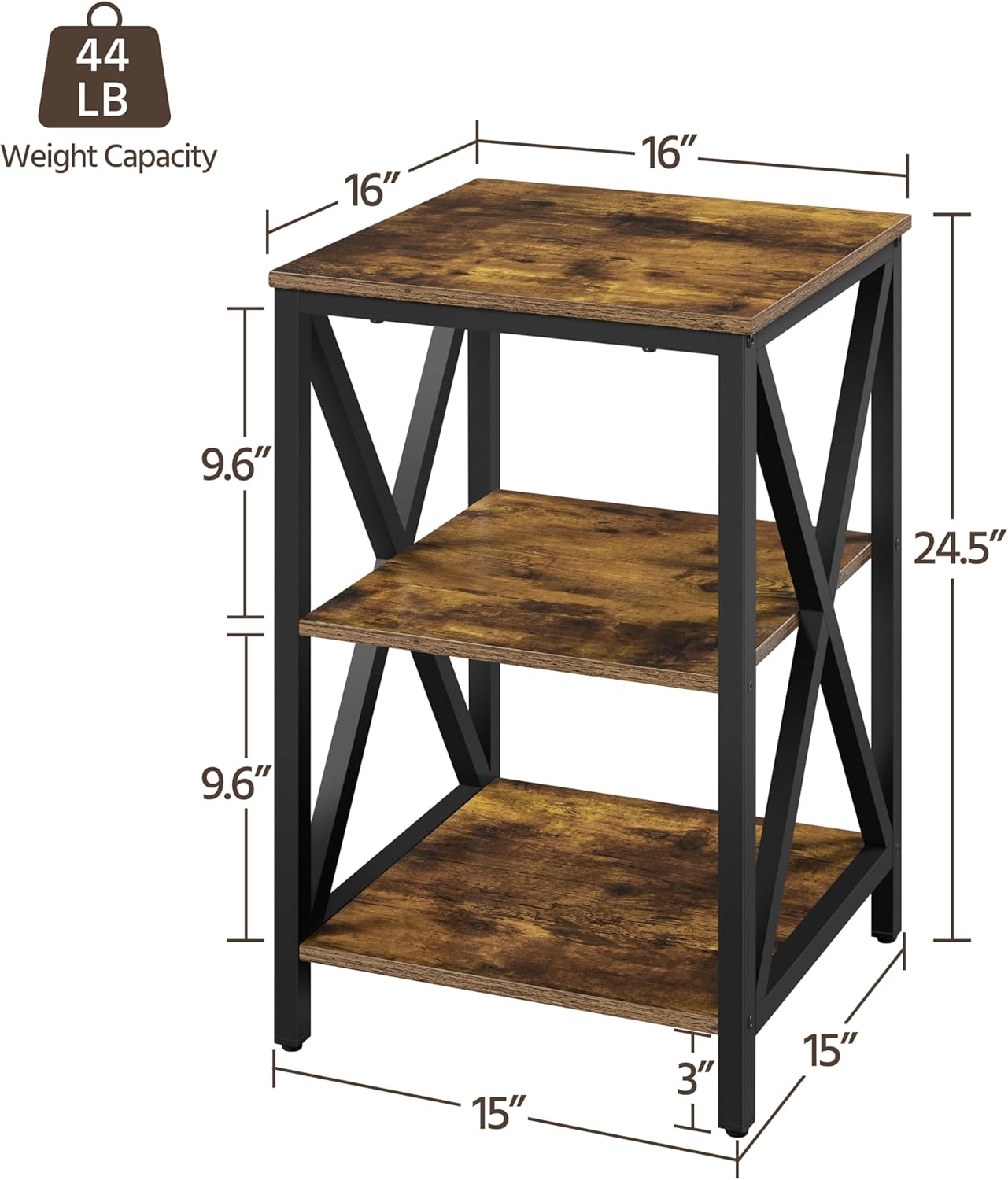 Yaheetech Industrial End Tables, 3-Tier Side Tables with Storage Shelves for Living Room, X Design Sofa Tables, Strong Metal Frame, Easy Assembly, Rustic Brown