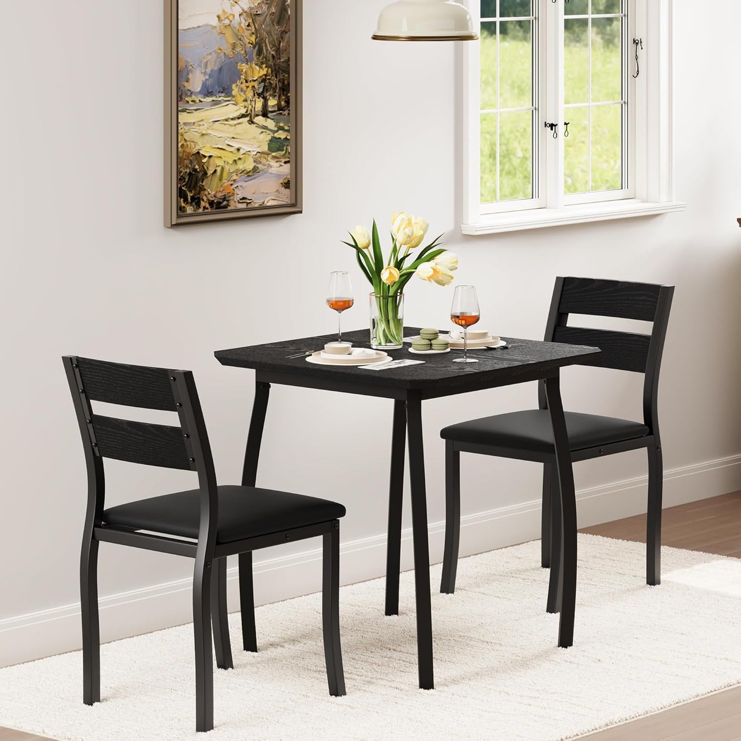 GAOMON Dining Table Set for 2, 3 Piece Small Kitchen Table and 2 Upholstered Chairs with Metal Frame & Wood Grain Tabletop for Small Space, Apartment, Kitchen, Dining Room, Black