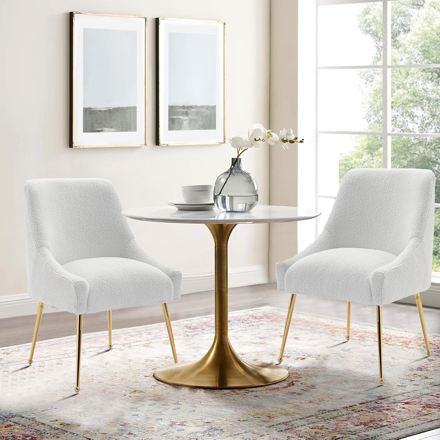 Dining Chairs Medieval Modern Restaurant Chairs, Soft Cushions, Teddy Velvet, Polished Gold Metal Legs, Kitchen Chairs, Living Room White 2-Piece Set