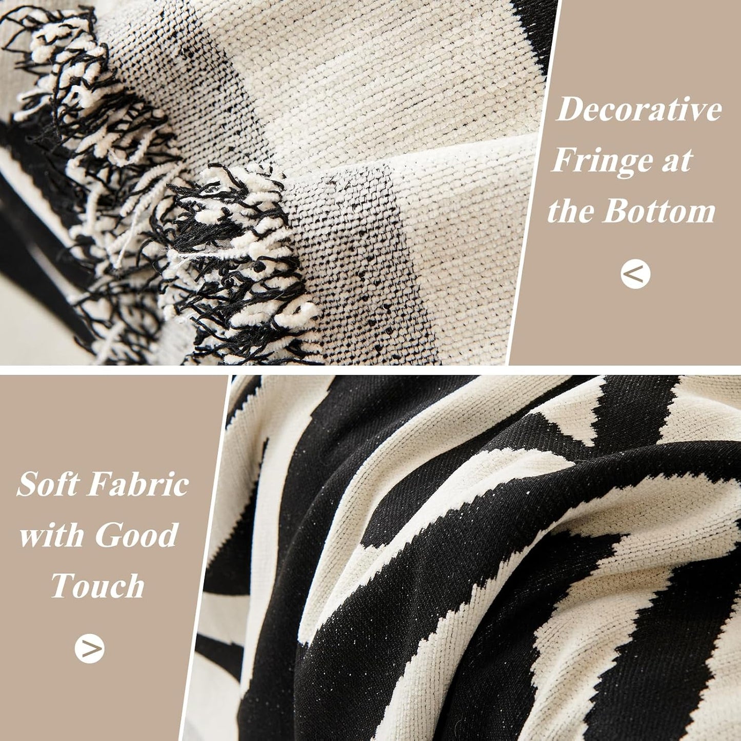 STACYPIK Modern Boho Sofa Cover for Dogs Chenille Couch Cover with Tassels Reversible Anti Slip Sofa Slipcover for 3 Cushion Couch Soft Black Beige L Shaped Cover Multi-Use Throw Blankets-71X134IN