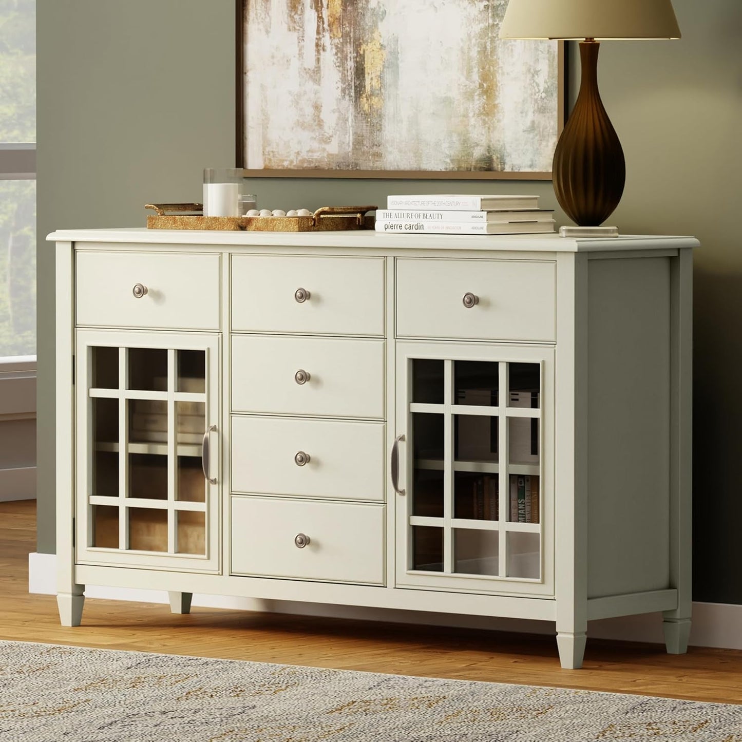 SIMPLIHOME Connaught Buffet - 60 inch Wide Solid Wood 3-Door Sideboard Buffet in Antique White, Traditional Storage Cabinet for Dining Room or Kitchen with Adjustable Shelves and Classic Molding