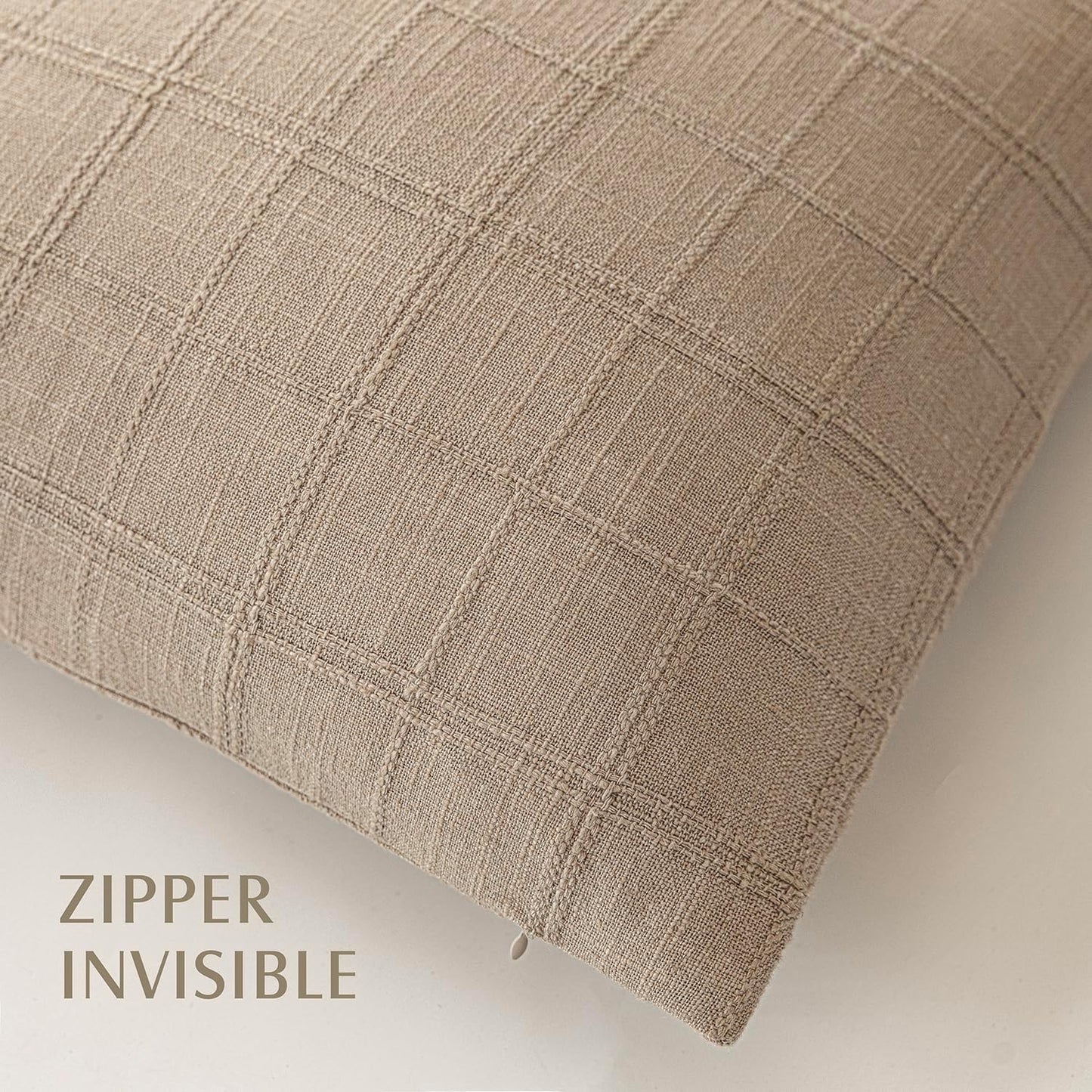 Foindtower Set of 2 Decorative Linen Check Throw Pillow Covers Neutral Farmhouse Vintage Cushion Covers Modern Coastal Boho Home Decor For Sofa Chair Couch Bedroom Living Room Outdoor,24×24 Inch,Camel