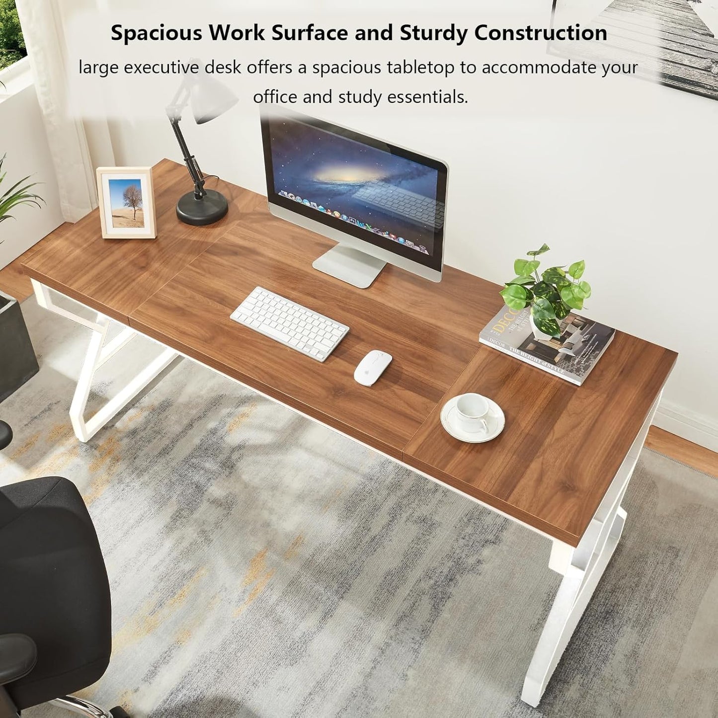 HOMISSUE 63-inch Executive Desk, Large Home Office Desk with Engineered Wood Tabletop and Metal Frame, Rustic Workstation Desks with Sturdy Structure, Long Computer Desks for Home Office, Writing