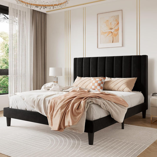 SHA CERLIN Full Bed Frame/Velvet Upholstered Platform Bed Frame with Headboard/Strong Wood Slats Support/Mattress Foundation/No Box Spring Needed - Black