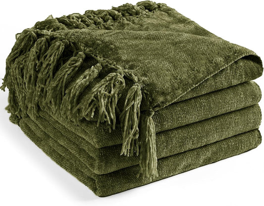 Chenille Throw Blanket for Couch 50"X 60", Soft Cozy Throws with Fringe Tassel for Bed Sofa Chair Cover, Lightweight Knitted Decorative Boho Blankets for Living Room, Olive Green