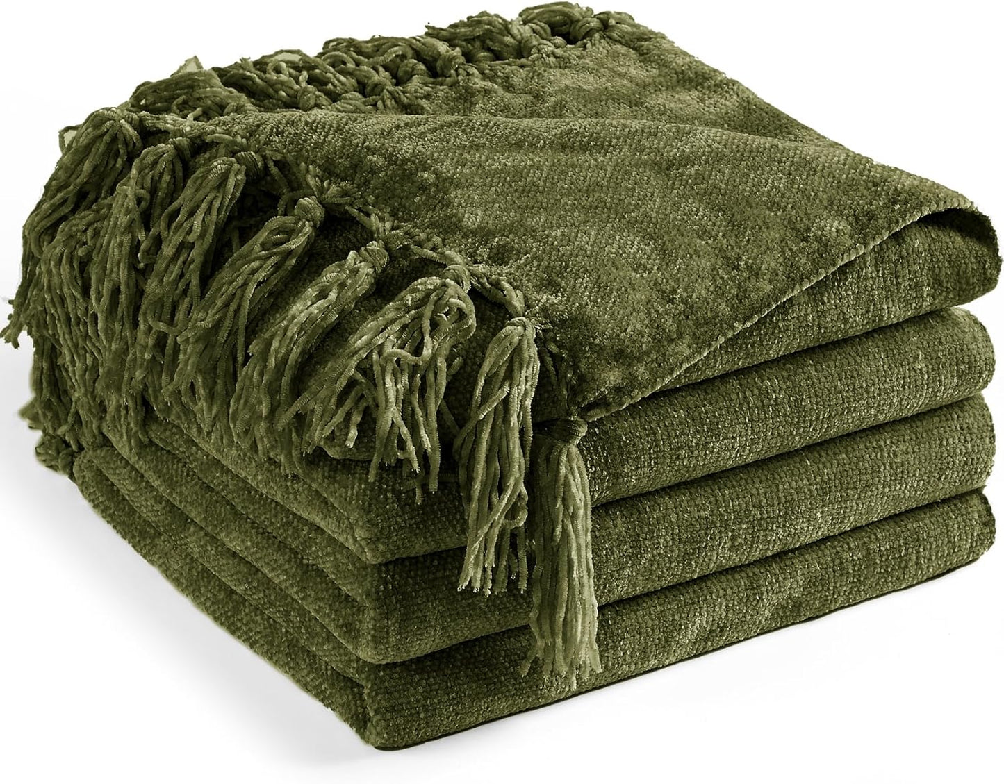 Chenille Throw Blanket for Couch 60"X 80" Twin, Soft Cozy Throws with Fringe Tassel for Bed Sofa Chair Cover, Lightweight Knitted Decorative Boho Blankets for Living Room, Olive Green
