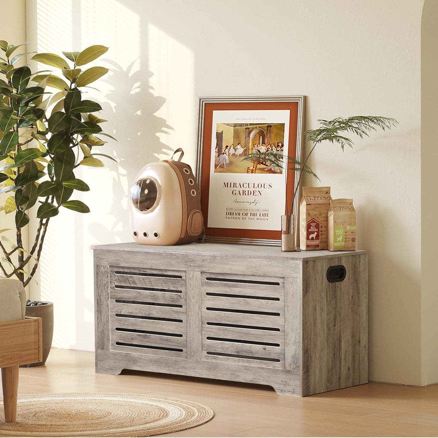 DINZI LVJ Storage Chest, 39.4”Wooden Toy Box with 2 Safety Hinges, Retro Entryway Shoe Storage Bench with Flip-Top, Sturdy Large Storage Trunk for Living Room, Bedroom, Easy Assembly, Greige