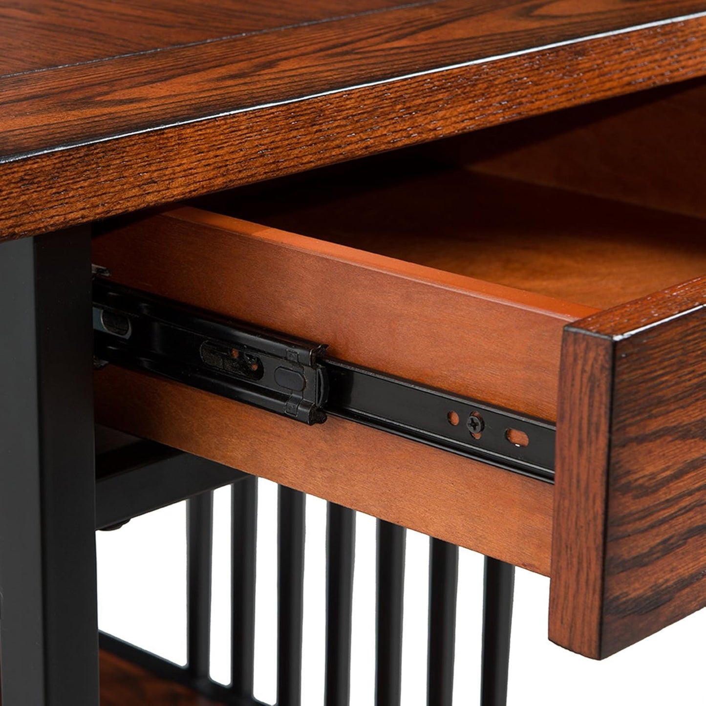 Leick Home Ironcraft Coffee Table, Solid Wood, 2 Drawers, 1 Display Shelf, Mission Oak, Black Steel, Easy Assembly, 46 in L x 22 in W x 20 in H, 11262