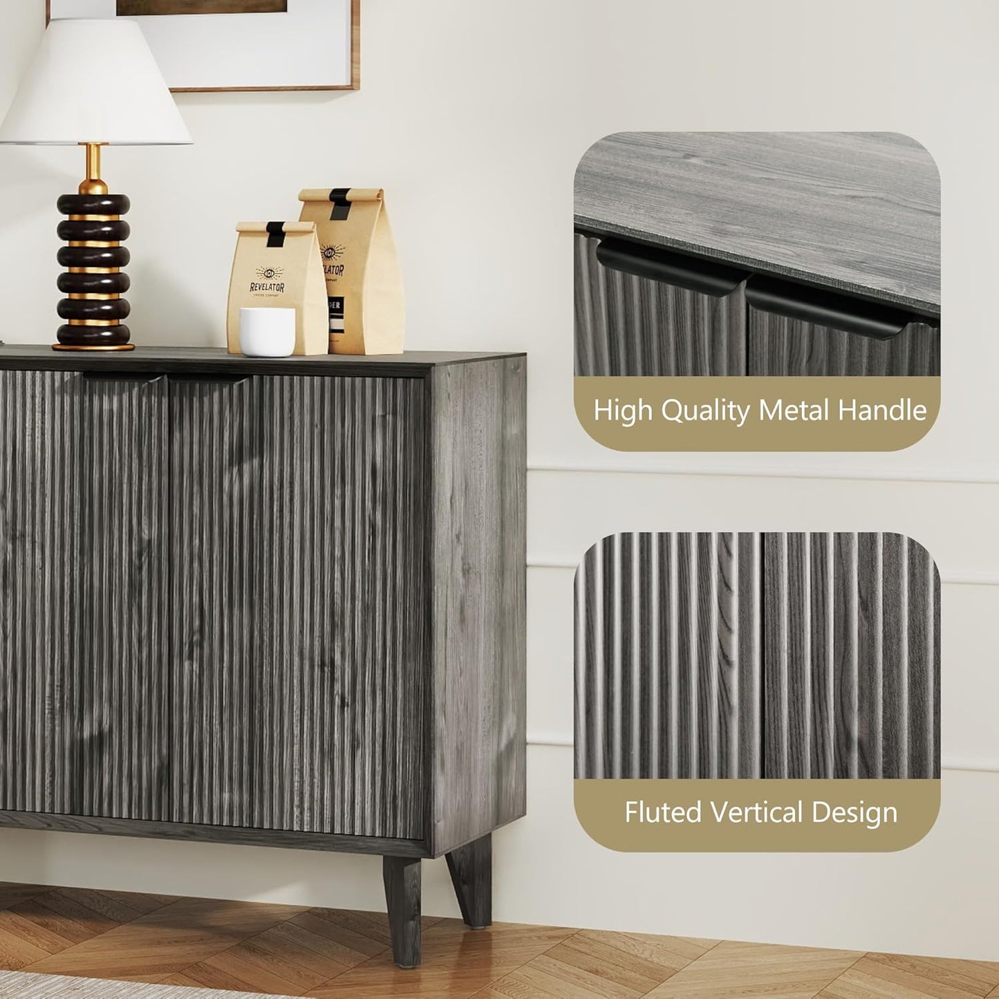 Fluted Cabinet with Storage, Buffet Storage with 4 Doors, Buffet Sideborad Accent Cabinet with Adjustable Shelves for Living Room, Kitchen, Entry, Hallway, Black&Grey