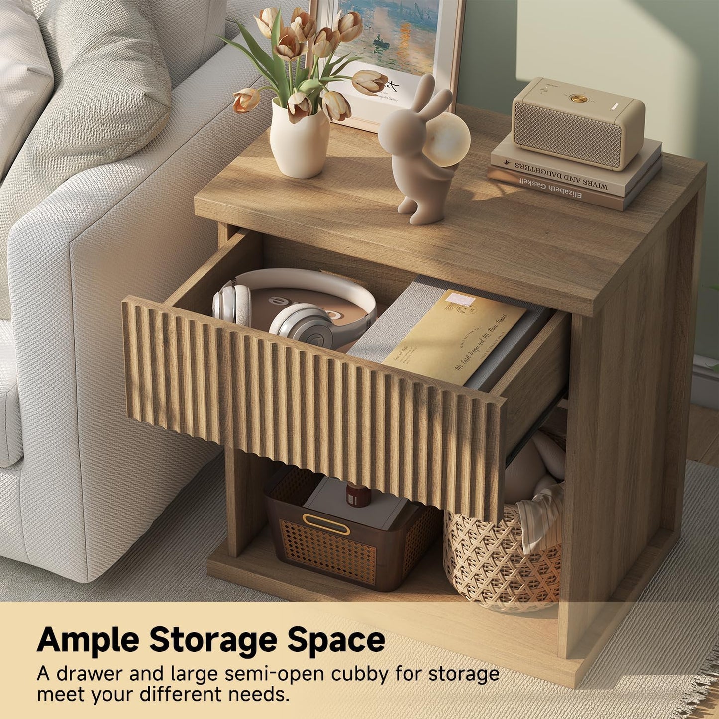 Fluted Nightstand Set of 2, 22.8" Wide Nightstands with Drawer Storage Large Wood BedsideTable Night Stands for Bedroom, Natural Oak