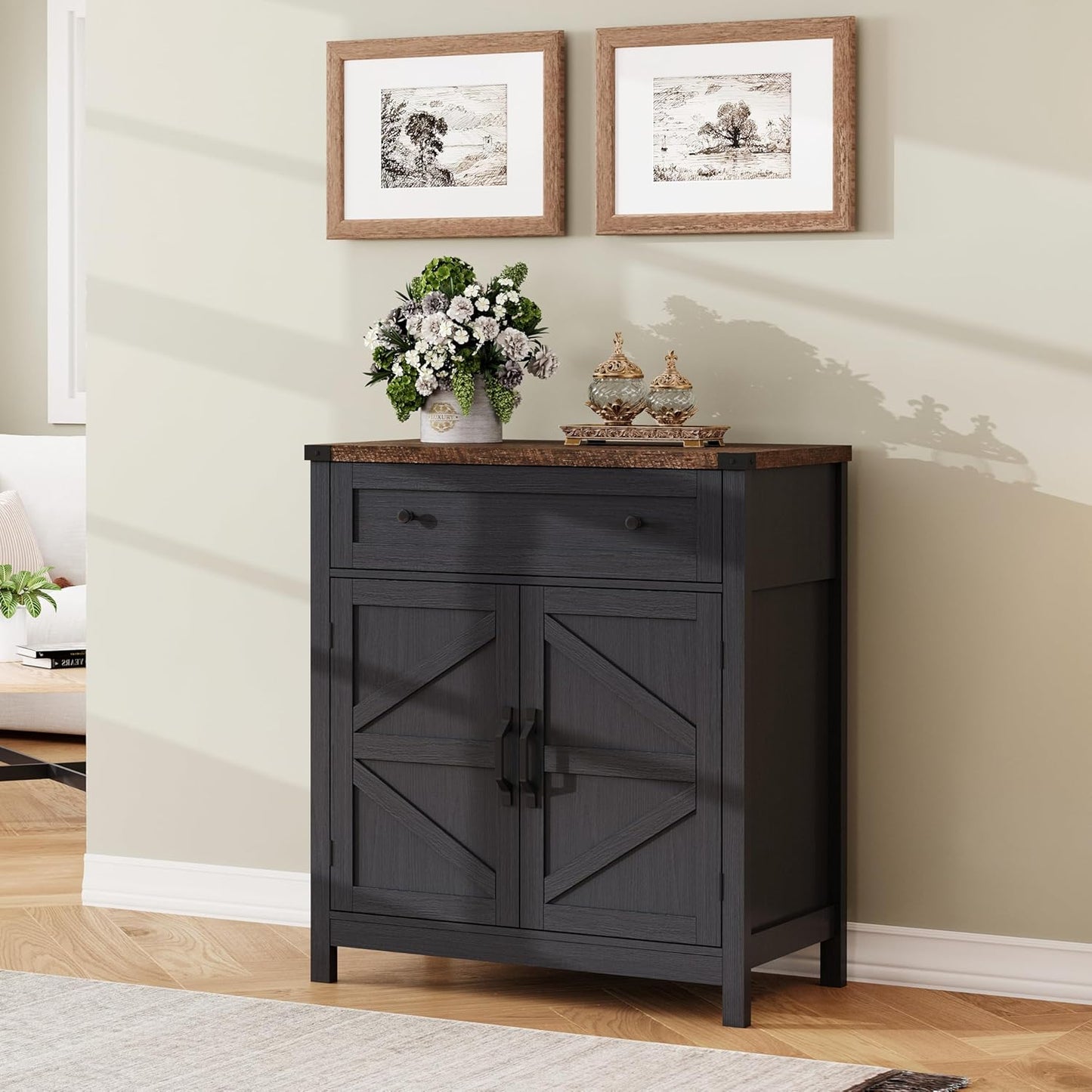 ChooChoo Kitchen Storage Cabinet, Coffee Bar Cabinet, Farmhouse Buffet Sideboard with Drawer for Kitchen, Living Room, Black