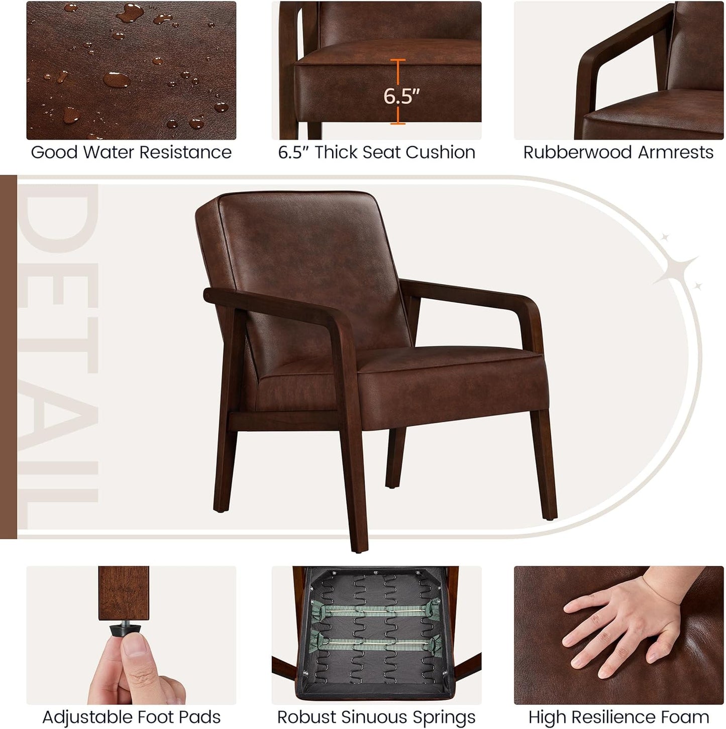 Yaheetech PU Leather Accent Chair, Mid-Century Modern Barrel Chair with Wooden Frame and Soft Thick Padded for Living Room Bedroom Home Office, Dark Brown