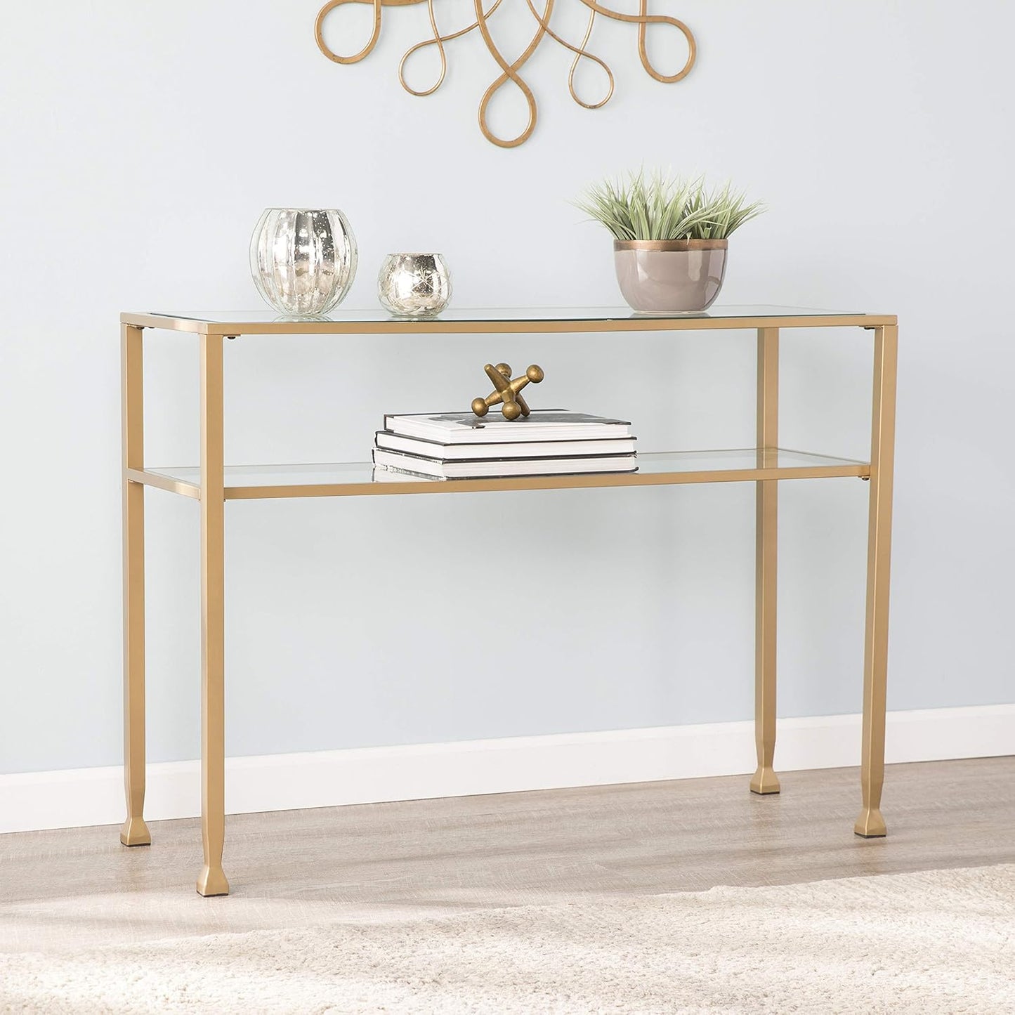 SEI Furniture Jaymes Metal & Glass 2-Tier Console Table, Soft Gold