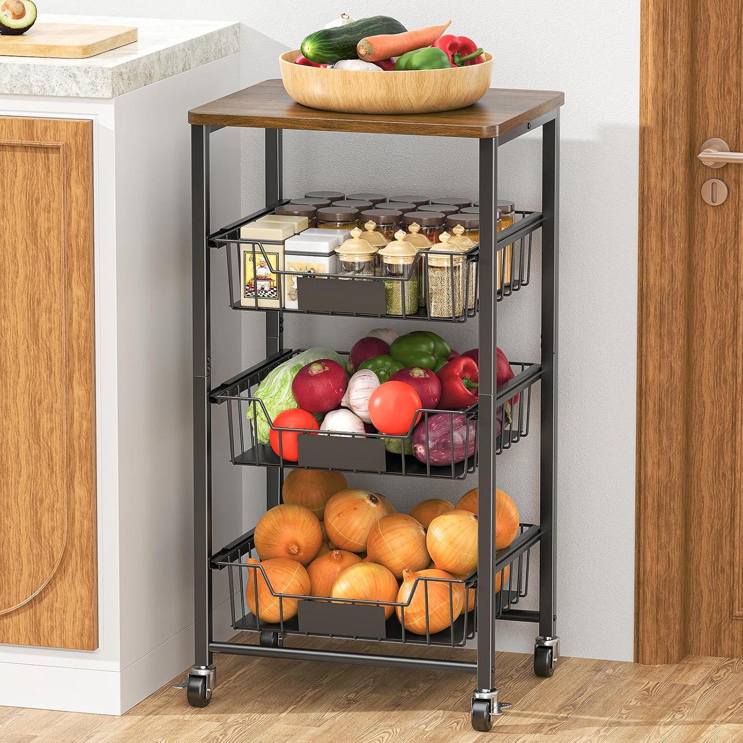 Kitchen Storage Cart with Wheels, 4-Tier Metal Utility Rolling Cart Fruit Vegetable Storage Basket Pantry Rack with Wood Top & Pull Out Baskets for Kitchen, Livingroom, Diningroom, Office
