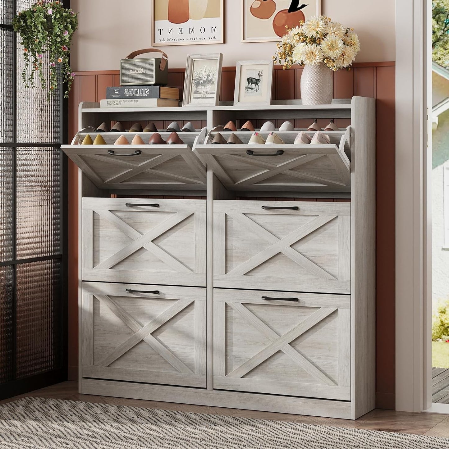 Maupvit Large Shoe Storage Cabinet with 6 Flip Drawers, Freestanding Shoe Organizer with Metal Handles for Entryway, Narrow Shoe Rack Cabinet, Beige