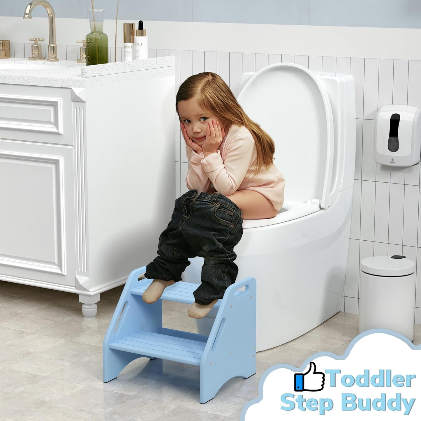 AMBIRD Wooden Step Stool, Two Step Stools 300 lbs Capacity with Safety Non-Slip Pads and Handles, Bamboo Step Stool for Bathroom, Kitchen Dual Height Step Stools for Kids (Sky Blue)