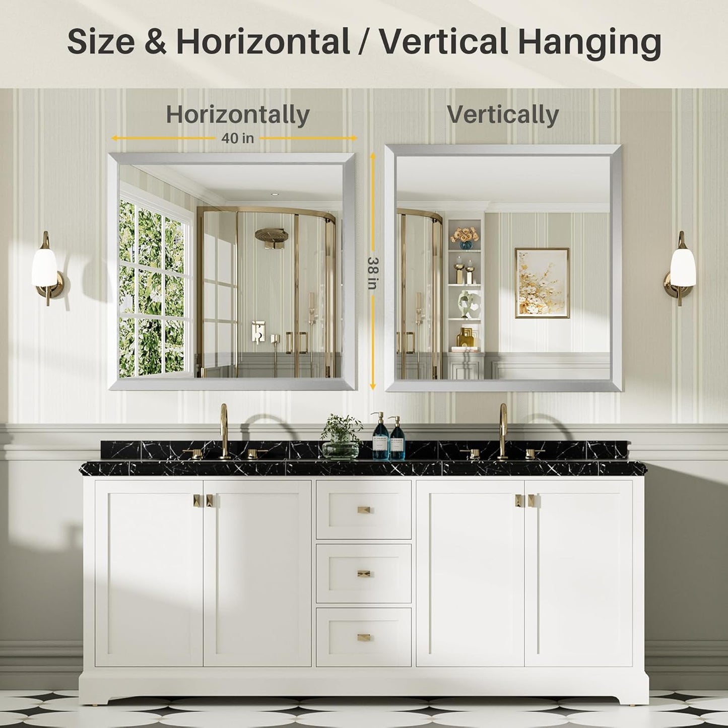 40x38 Inch Silver Bathroom Mirror for Wall, Thick Metal Framed Rectangle Mirrors for Over Sink, Bedroom, Living Room, Entryway, Anti-Rust, HD Tempered Glass