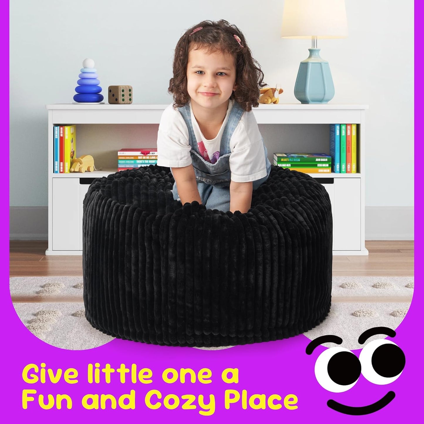 Hobestluk Bean Bag Chairs 2.5FT Bean Bag Chair with Memory Foam Filled & Stripe Plush Cover Small Bean Bag Chairs for Playroom, Living Room, Bedroom (Black)