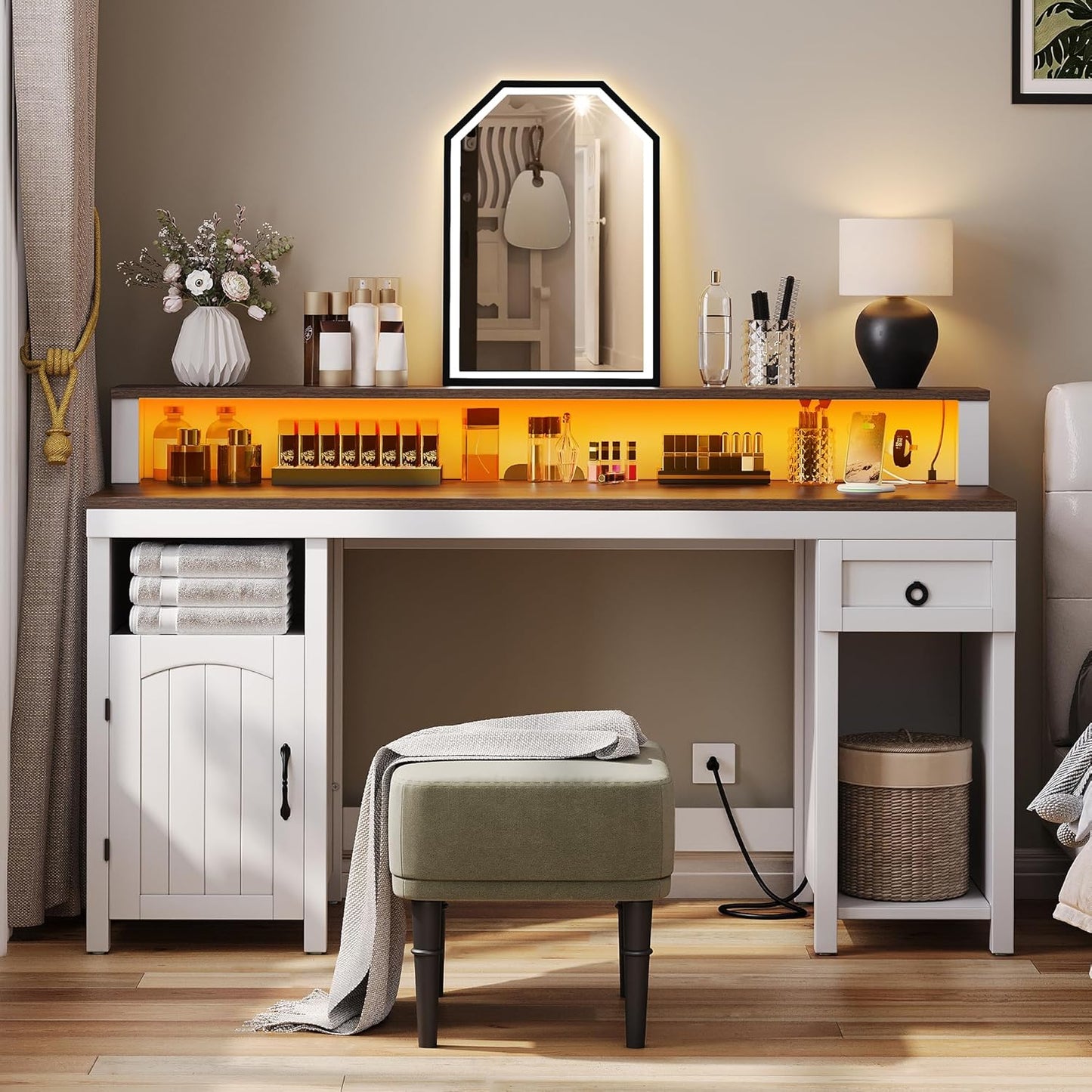 DWVO Farmhouse Office Desk with Drawer & Power Outlets, Wood Computer Desk w/LED Strip & Monitor Stand for Bedchamber Study, Home Office Table with Storage Cabinet for Working Writing Gaming (White)