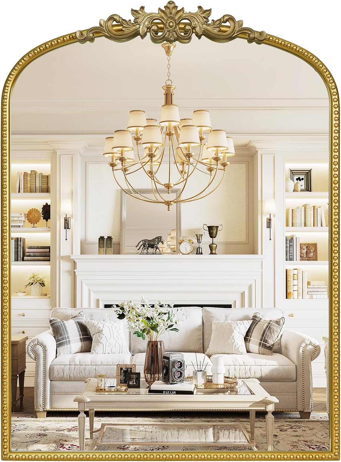 WallBeyond Gold Vintage Mirror - 22x30 Inch, Arched Antique Mirror with Ornate Frame for Bathroom, Living Room, Fireplace, Entryway