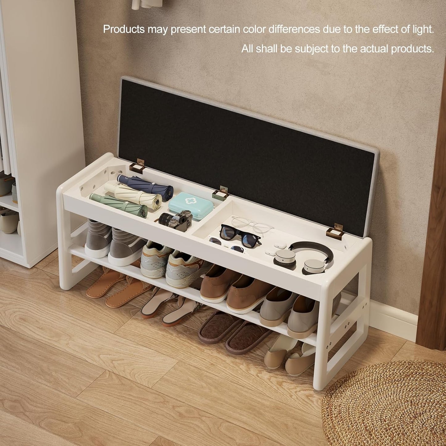 Shoe Rack Bench with Cushion,2 Tiers Shoe Bench with Flip-Top Storage,Wood Shoe Rack for Entryway,Hallway（White,39.3"）