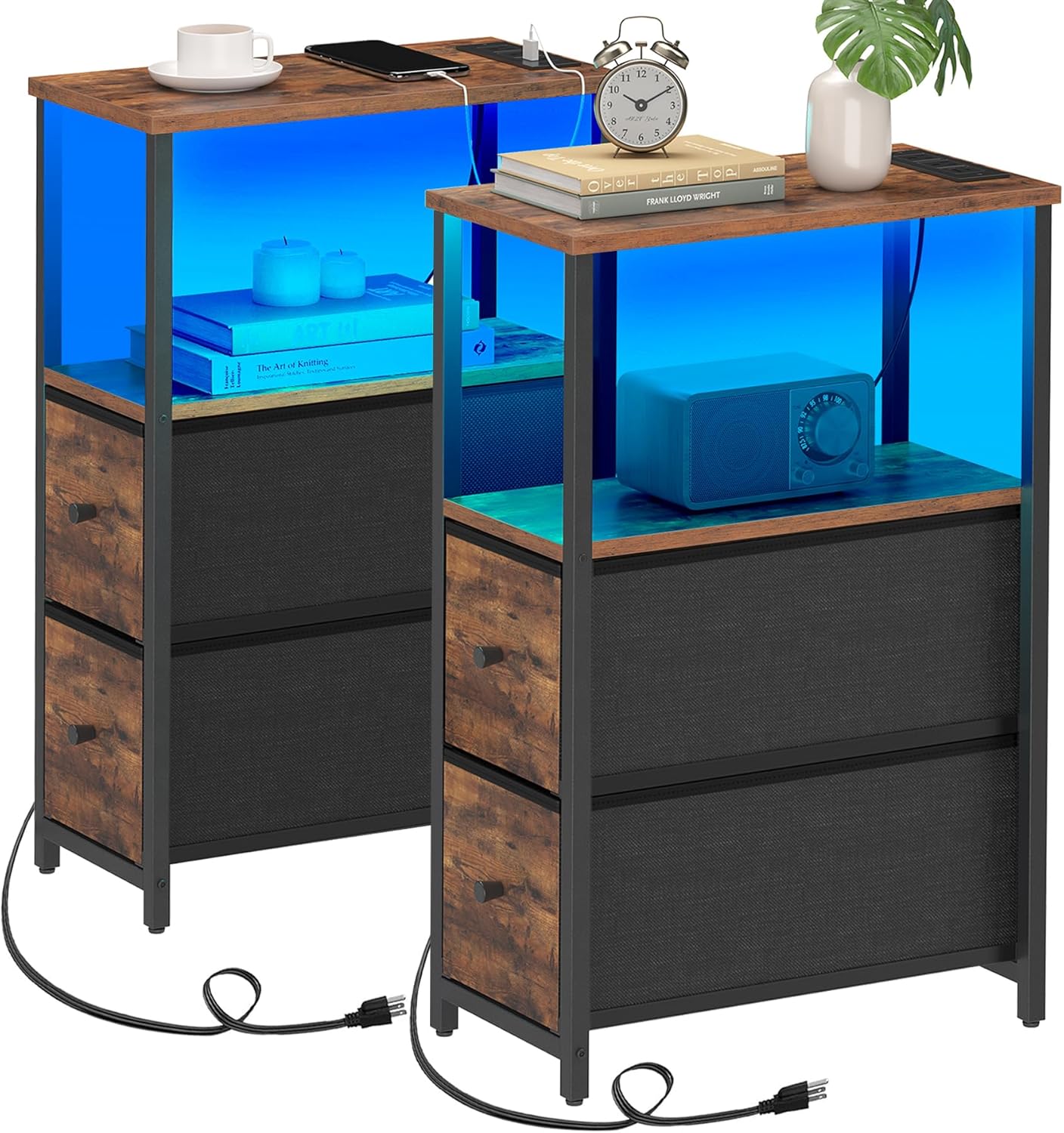 TUTOTAK Small Narrow LED End Table with Charging Station, Side Table Outlets, Nightstand with 2 Cloth Drawers, Set of 2, Couch Table, for Living Room, Bedroom, Bedside, Brown TB01BB056