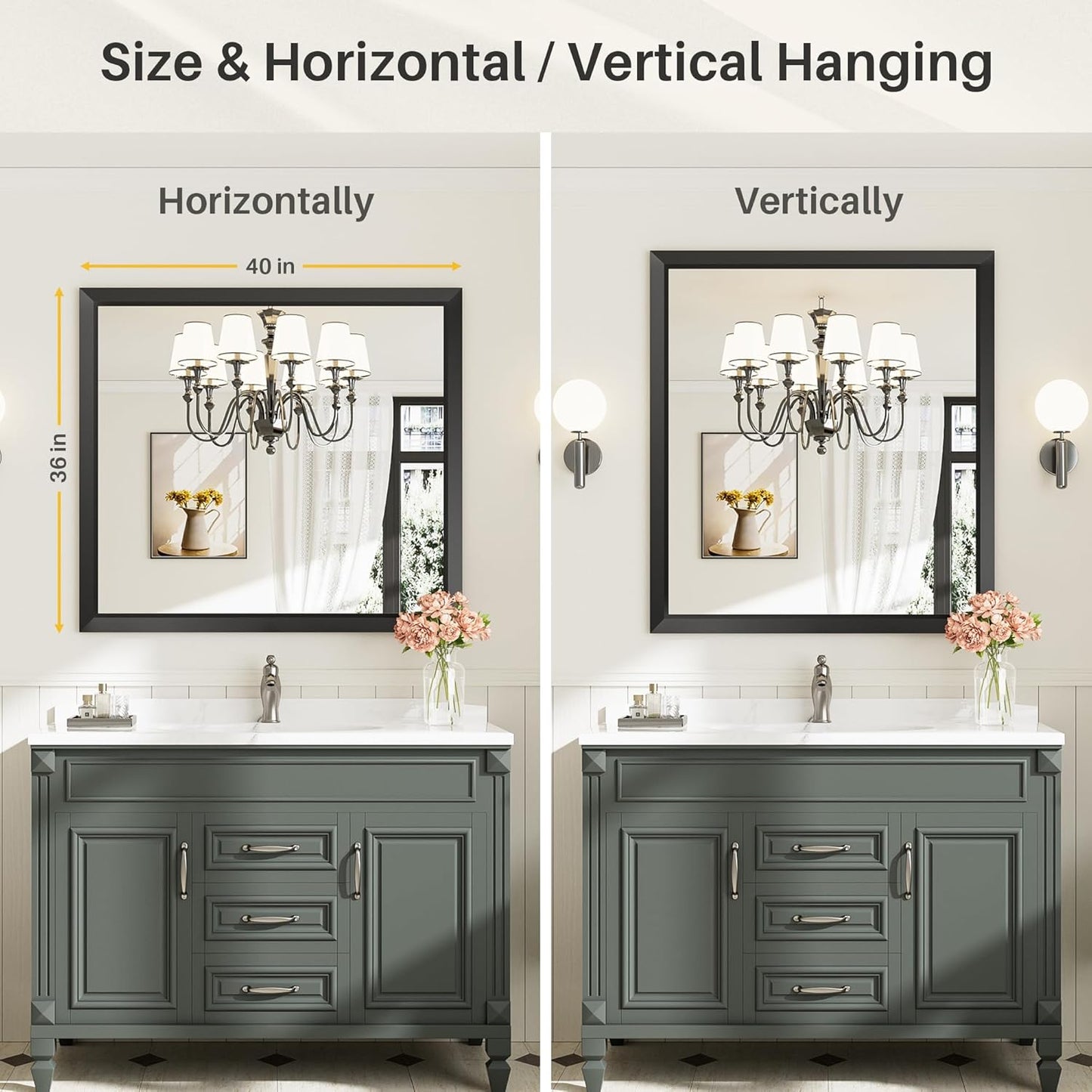 40x36 Inch Black Bathroom Mirror for Wall, Thick Metal Framed Rectangle Mirrors for Over Sink, Bedroom, Living Room, Entryway, Anti-Rust, HD Tempered Glass