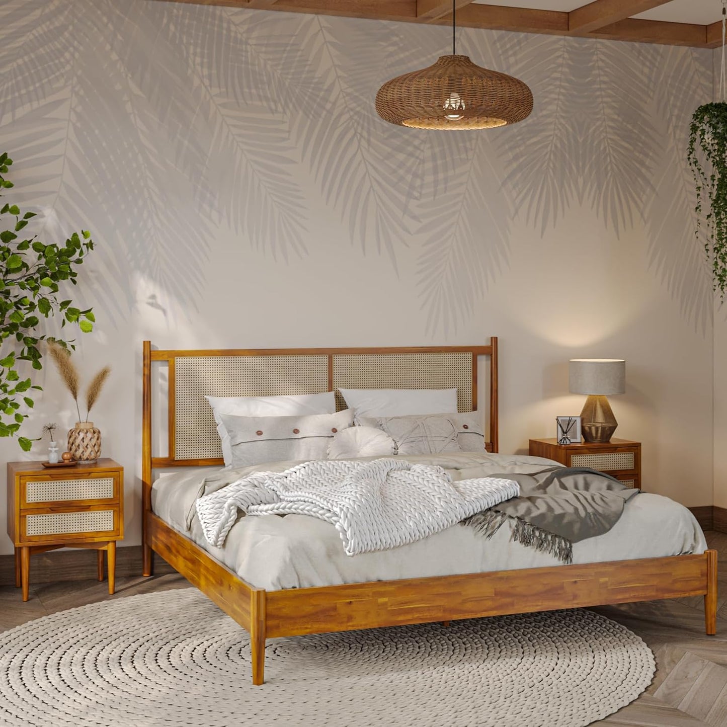 Bme Oliver King Bed Frame and Headboard - 15-Inch Signature Design with Rattan Headboard, Bohemian and Mid Century Style, 12-Slat Wood Support, No Box Spring Needed - Easy Assembly, Caramel