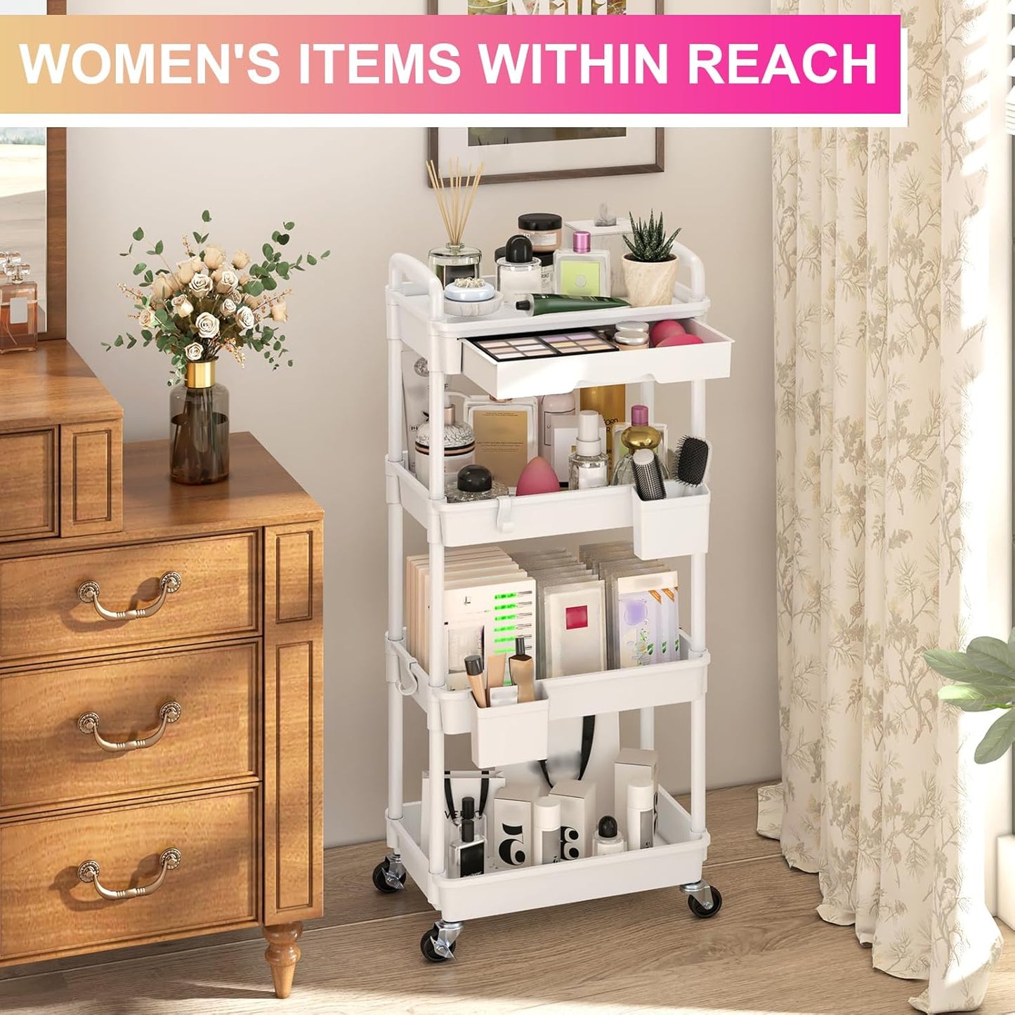Goovilla 4 Tier Rolling Utility Cart Organizer with Removable Drawer, Stable and Sturdy White Rolling Storage Carts with 2 Lockable Wheels for Bathroom, Kitchen, Snack, Craft, Makeup, Baby Essentials