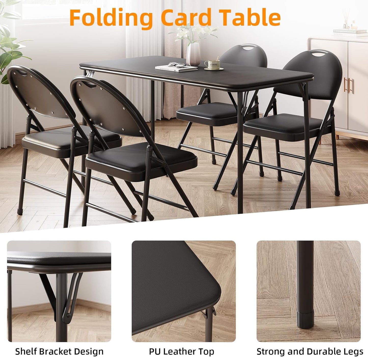 IDEALHOUSE Protable Folding Table and Chairs, 5 Piece Folding Card Table and Chairs Set, Foldable PU Upholstered Table and Chairs Set of 5, for Dining Room, Living Room, Office, Camping, Black
