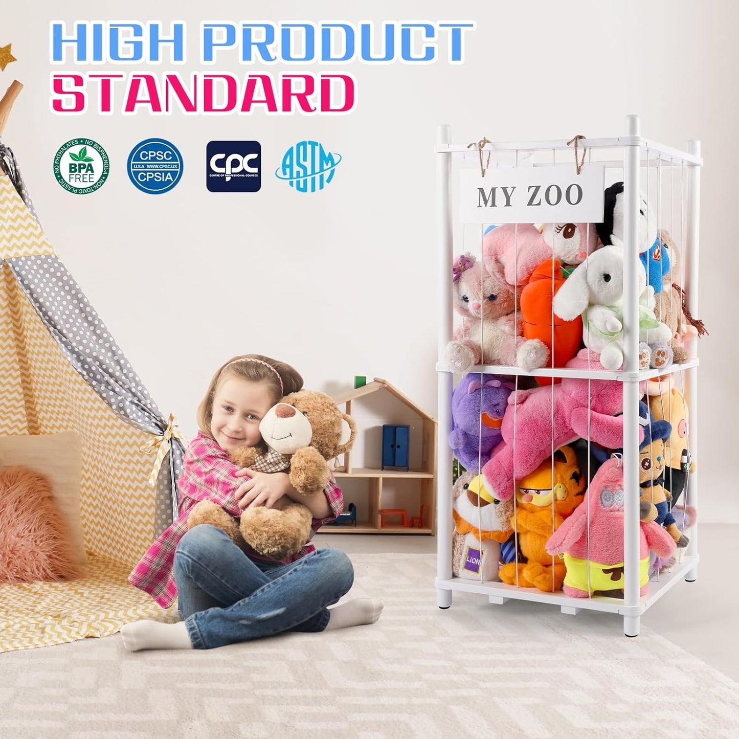 Stuffed Animal Storage Zoo, Wooden Stuffed Animal Organizer with Elastic Cords for Boys Girls, Space Saving Toy Plushies Storage Holder for Playroom, Bedroom, Living Room (White, Small)