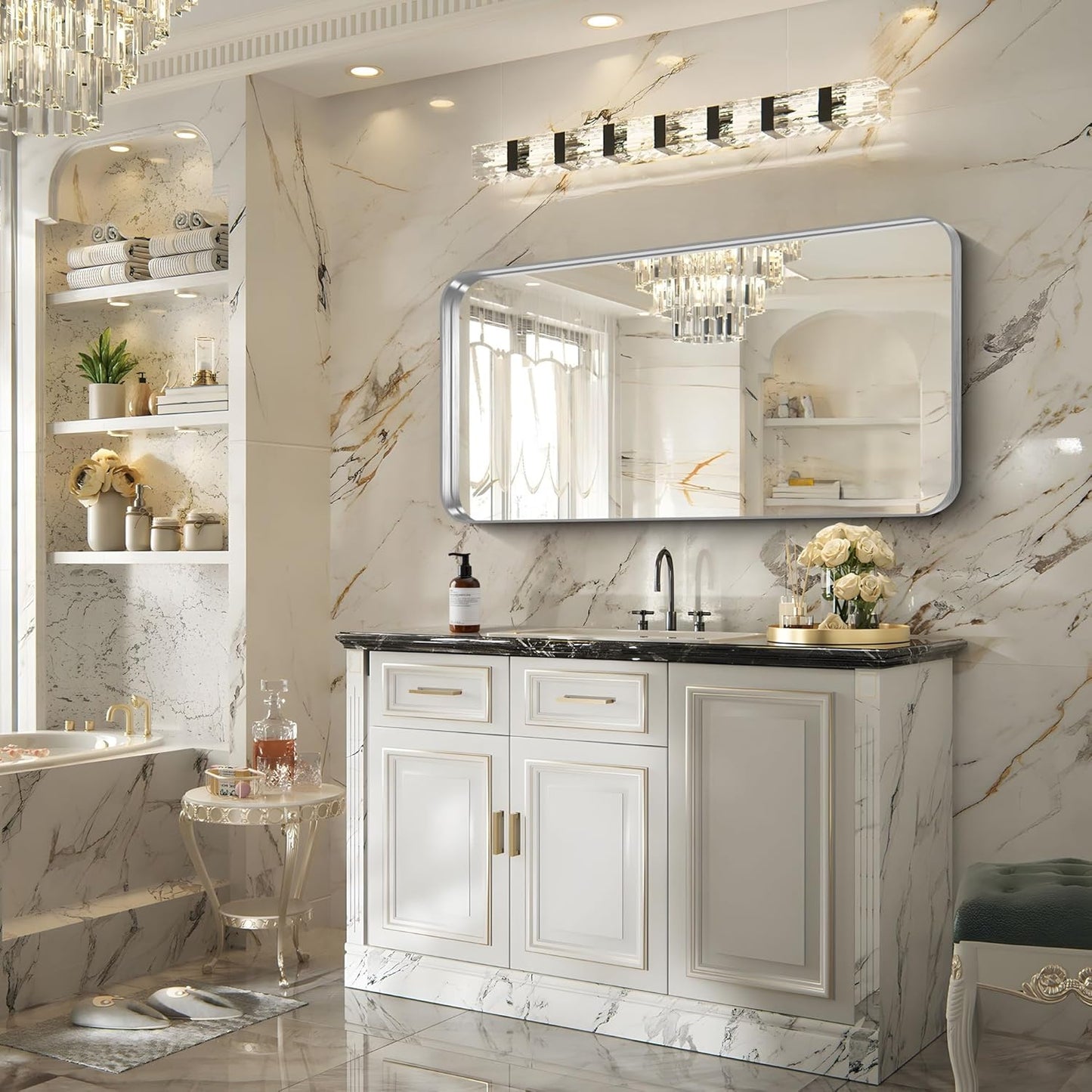 FORBATH 24x48 Inch Bathroom Mirror, Brushed Silver Deep Frame Narrow Full Length Wall Mirror with Rounded Corners, Anti-Rust Tempered Glass for Modern Farmhouse Vanity (Horizontal/Vertical)