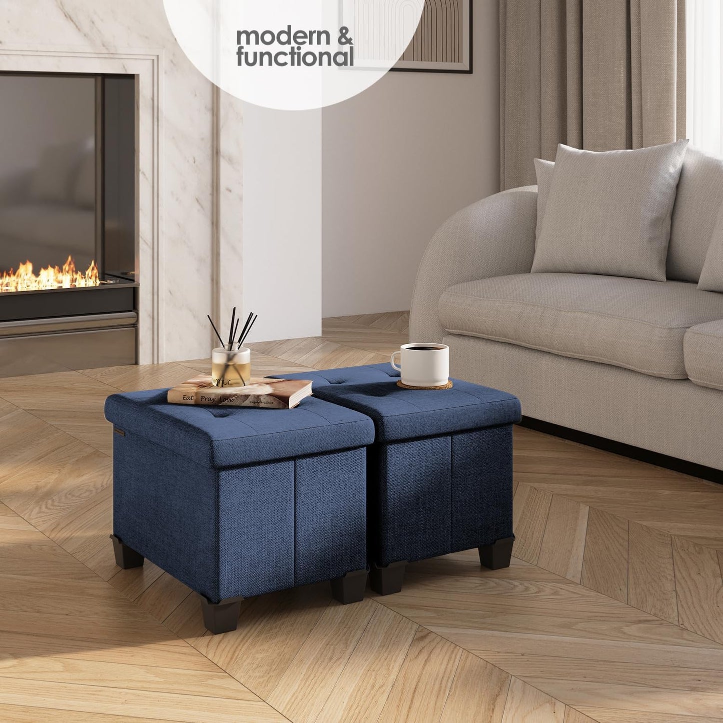 STORAGEBUD Storage Ottoman Cube with Small Bin, 16-in Square Ottoman with Storage for Living Room and Bedroom, Small Ottomans Foot Rest, Fabric Foot Stools Ottomans Max 330lbs, Blue