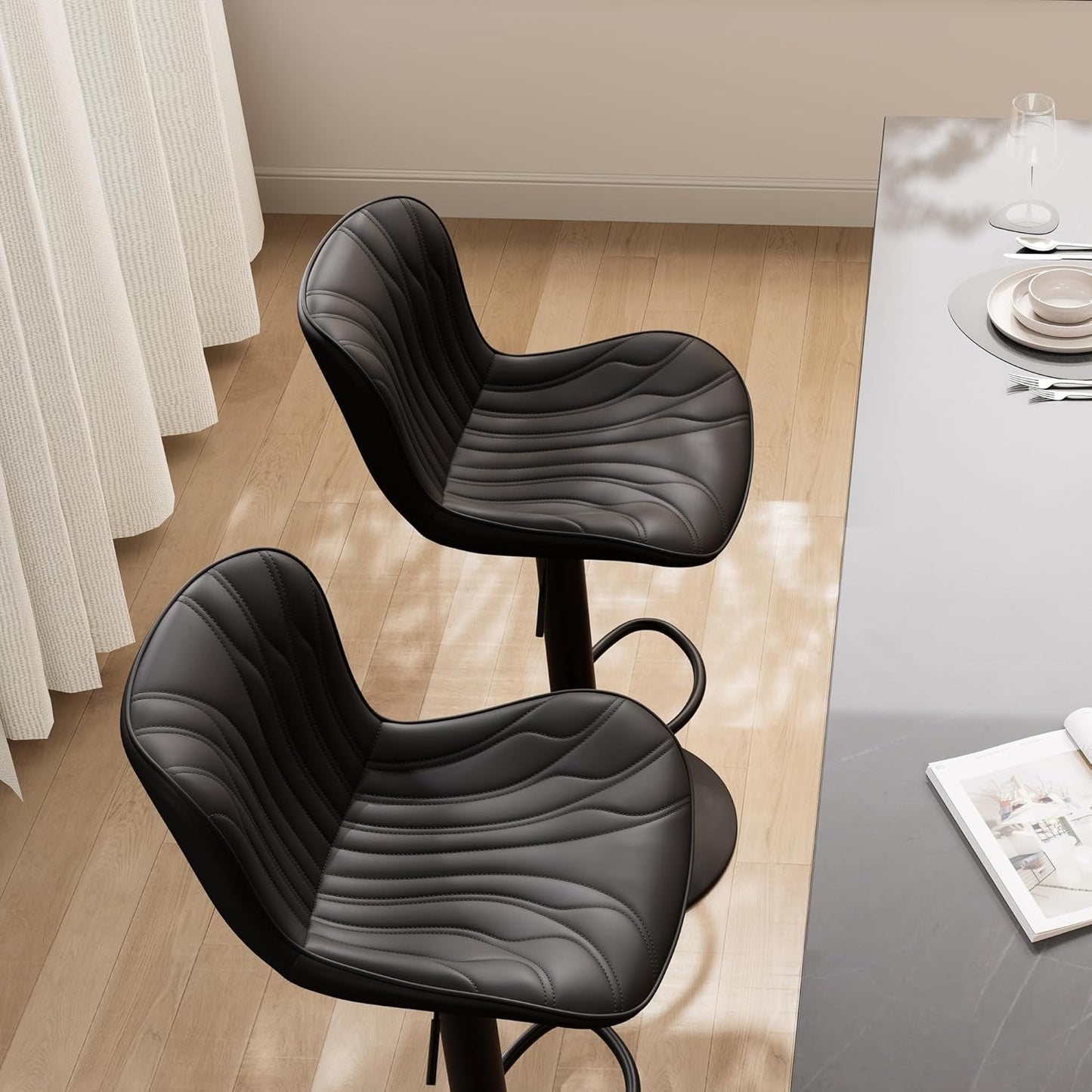 YOUNIKE Black Bar Stools Sset of 4 Modern Swivel Counter Height Bar Chair with Back Adjustable Kitchen Island Faux Leather Padded Barstools taburetes de bar Breakfast sillas para barra de cocina 4PCS