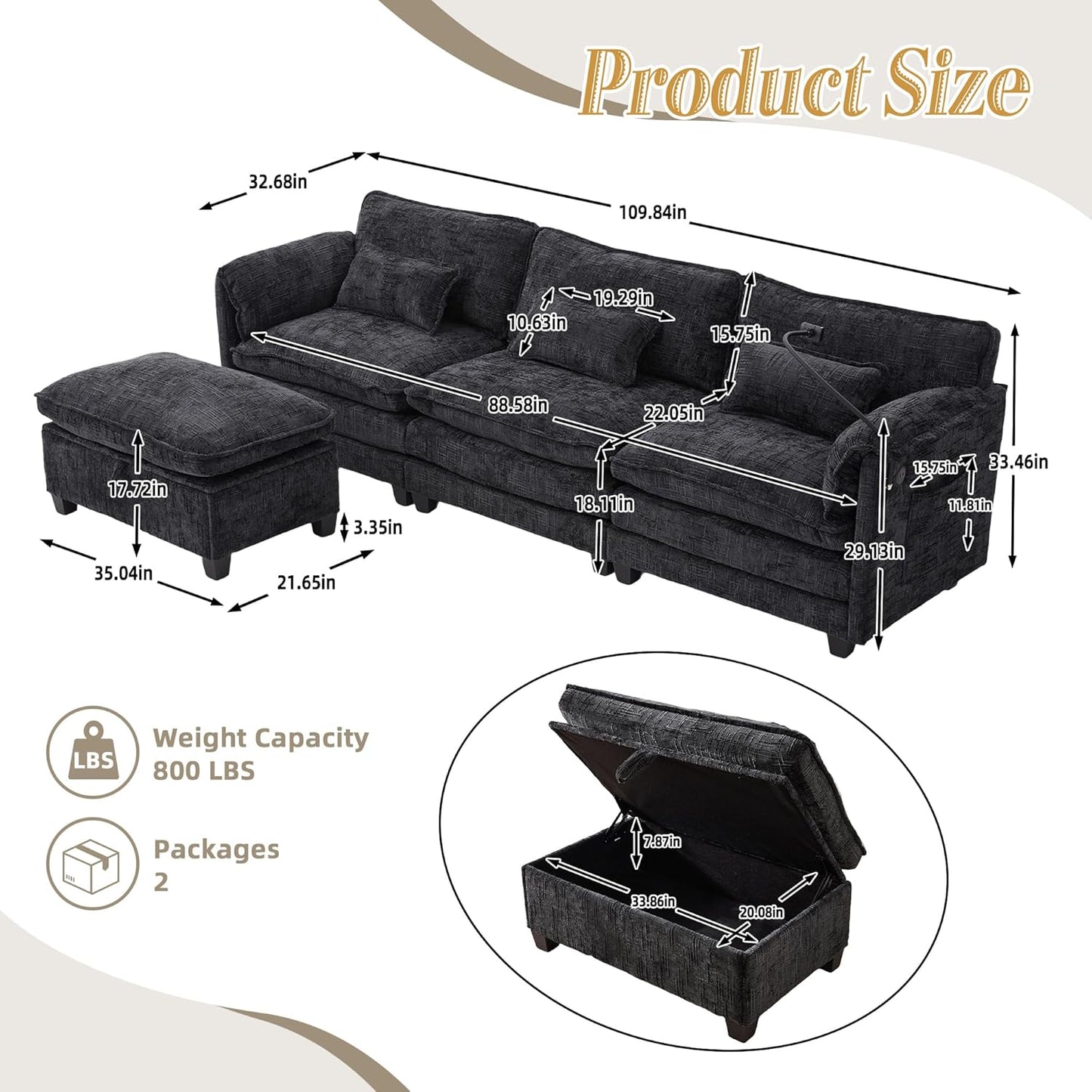 Ball & Cast Modular Sectional Sofa,Comfy Cloud Couch with Movable Storage Ottoman,L Shaped Sectional Sofa W/USB Charging Port,Phone Holder and Side Pocket,Chenille Fabric,for Living Room,Black,109"