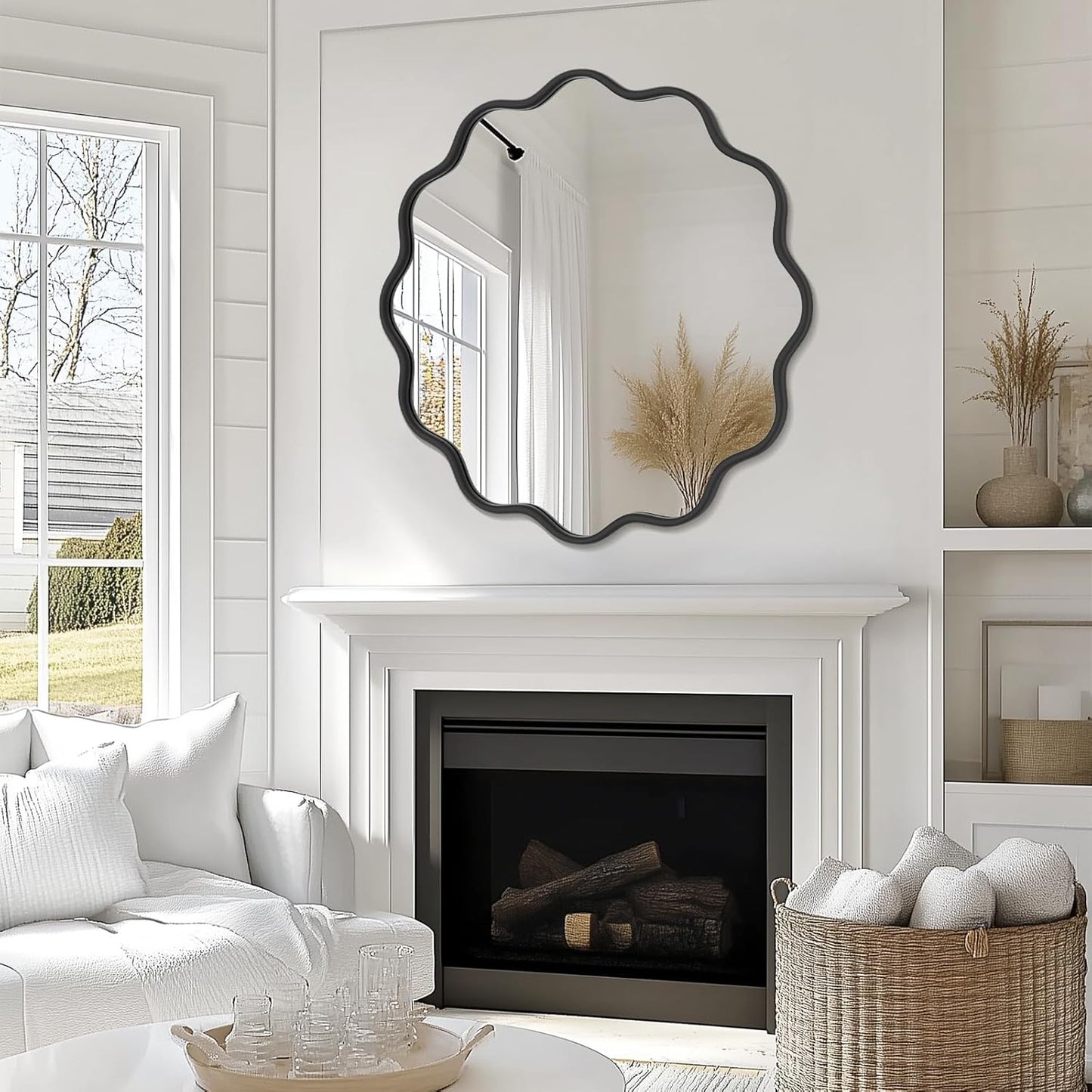 PROHOMEWARE Black Round Mirror 32 Inch Wavy Bathroom Vanity Mirror Black Frame Modern Wall Mirror Decorative Wall-Mounte Anti-Rust, Tempered Glass