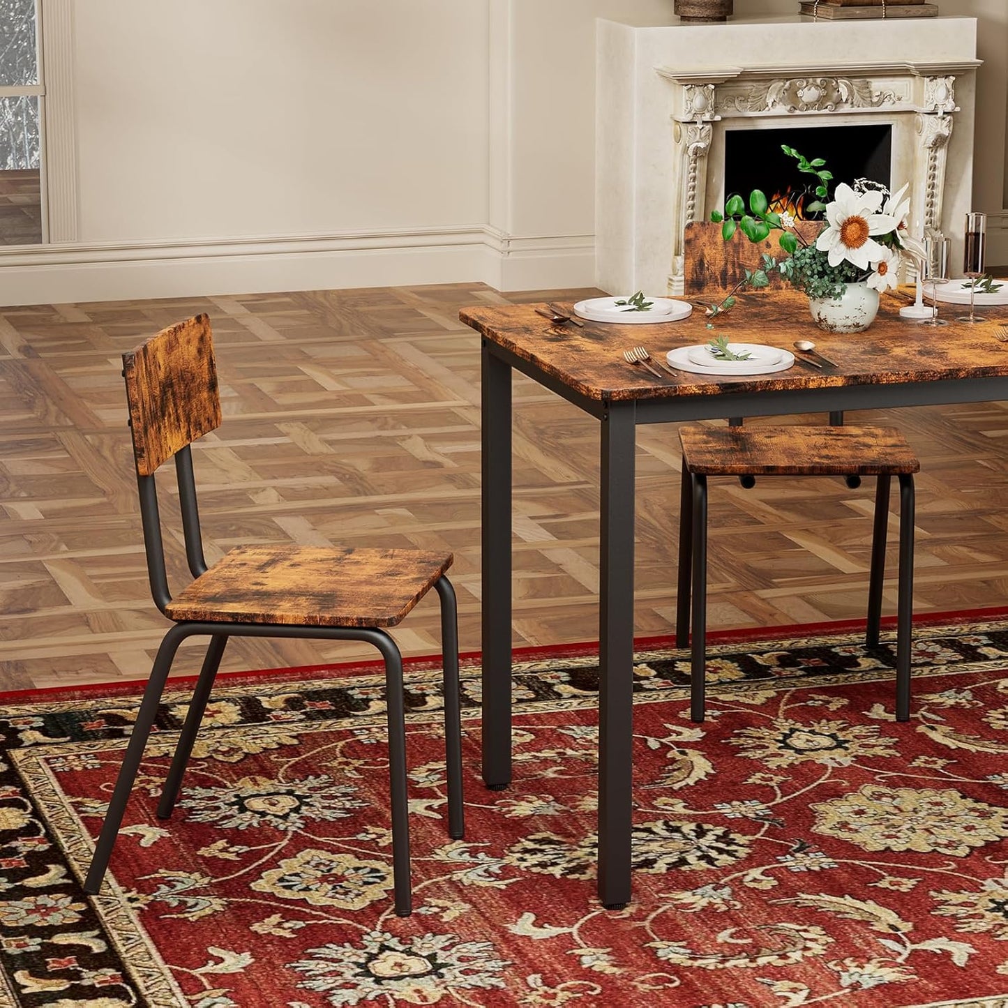 5-Piece Dining Table Set with 4 Chairs, 43" Kitchen Table Chairs Set of 4, Rectangular Dining Room Table Set with Metal Frame & MDF Board, Perfect for Small Space, Brown