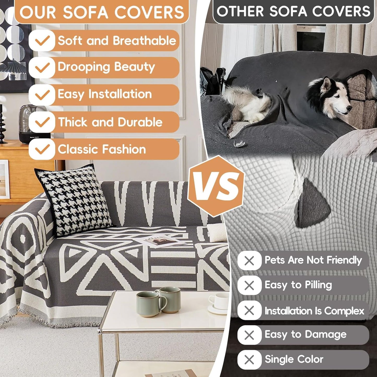 STACYPIK Thick Chenille Boho Sofa Cover Dark Grey Jacquard Geometric Sofa Cover for 1 Cushion Couch L Shape Cover Dog Sofa Protector Non Slip Pet Protector Covers Reversible Sofa Covers-71X71IN